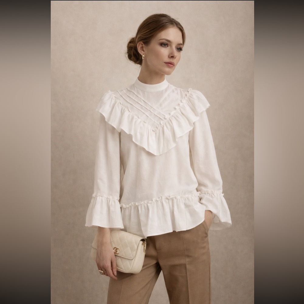 Max Studio London Women Lattice Ruffled Blouse Size S